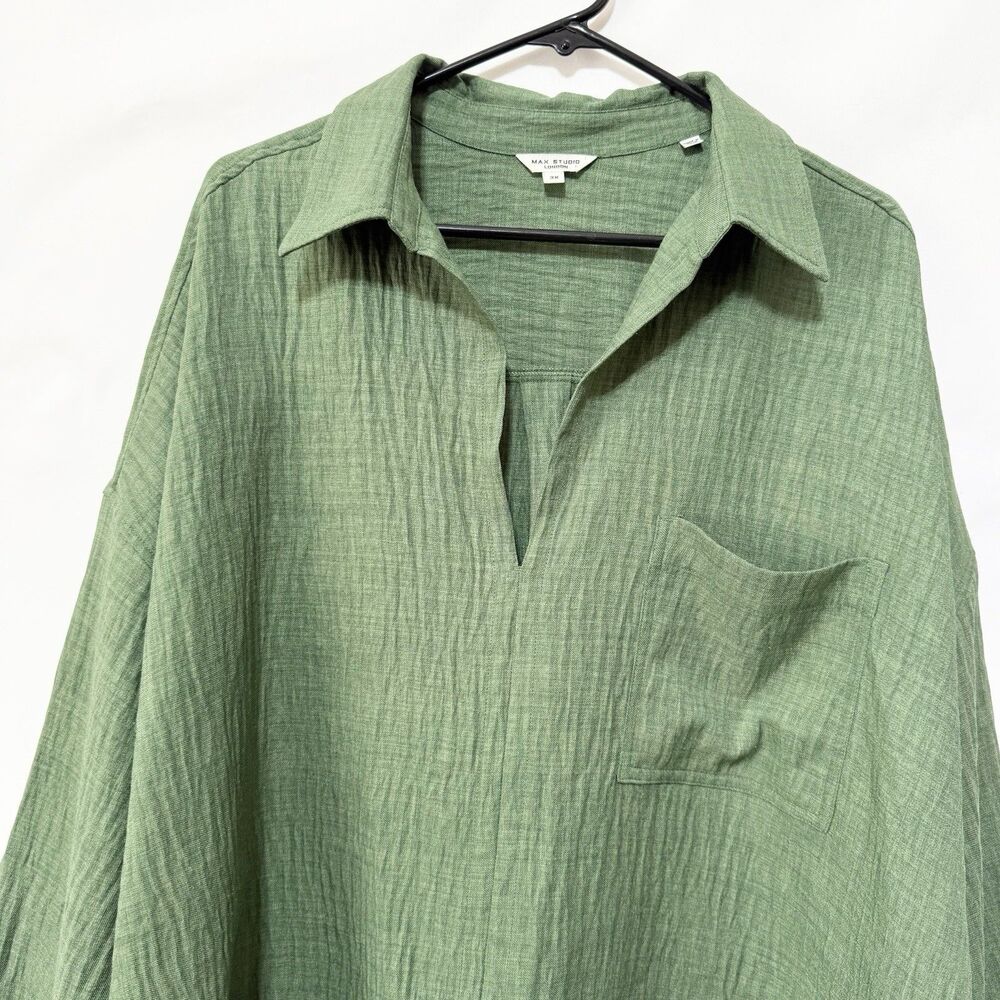 Max Studio London 3X Green Blouse Collared Roll Tab Sleeve Oversized Top - Picture 2 of 10